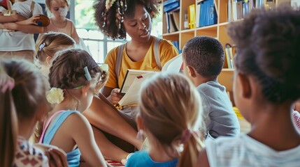 A female teacher engaging a diverse group of young children with a story during a fun, interactive classroom reading session.