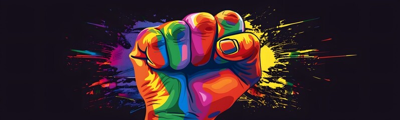 Fototapeta premium Close up of a raised fist with LGBT rainbow flag