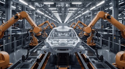 Fototapeta premium Automotive assembly car industry 4.0 factory with advanced IoT automated autonomous robot arms technology on 5G system. Industrial revolution background.