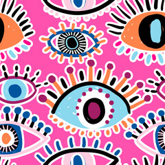 Fototapeta premium Abstract seamless chaotic pattern with hand drawing eyes. Fashion background for girl. Hand drawing