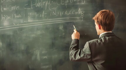 Male teacher writing complex equations on a green chalkboard during a mathematics lesson, demonstrating educational concepts.