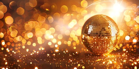 Vibrant golden disco ball with sparkling lights on a festive background. A lively party scene with a shiny mirrorball creating glittering reflections in the style of bokeh effect. Shiny, glittering