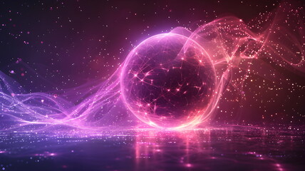 Abstract neon energy sphere of particles and waves of magical glowing