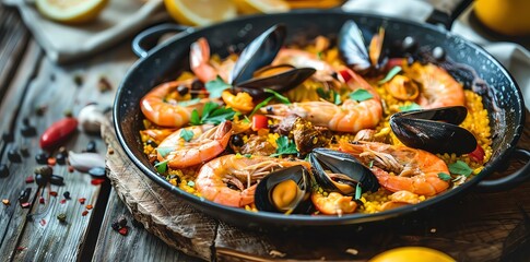 Delicious paella with mussels, prawns and rice in the pan on a wooden table. A traditional Spanish food.