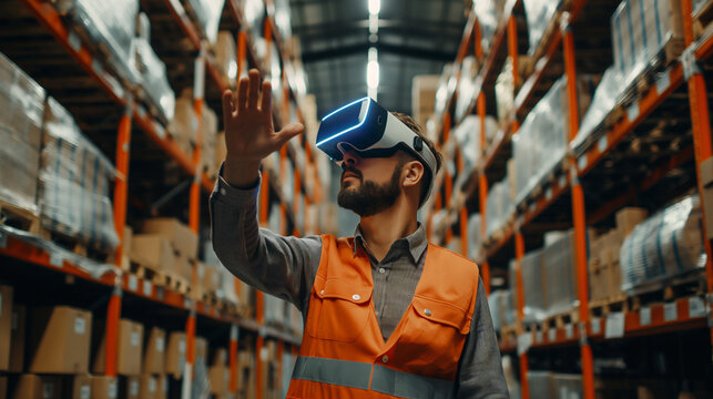 a warehouse manager using a virtual digital management system technology in modern warehouse