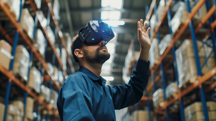 a warehouse manager using a virtual digital management system technology in modern warehouse