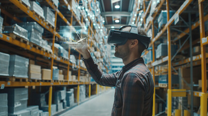 a warehouse manager using a virtual digital management system technology in modern warehouse