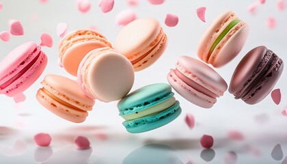 Obraz premium Various colorful of macarons floating in the air with motion blur white background 