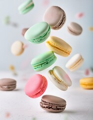 Obraz premium Various colorful of macarons floating in the air with motion blur white background 