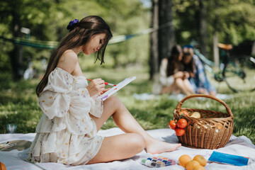 Sisters bonding over a creative activity in a lush park, adding color to their day with a...