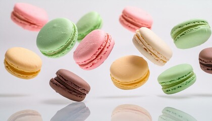 Various colorful of macarons floating in the air with motion blur white background
