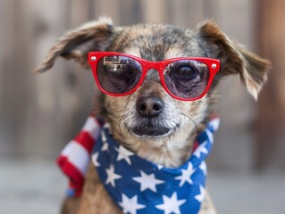 A Dog Wearing Patriotic Red Sunglasses and a Red White and Blue American Flag Bandana