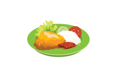 Fried Chicken Breasts With Rice, Fresh Vegetables, And Sambal Served On A Green Plate | Indonesian Stall Food Ilustration
