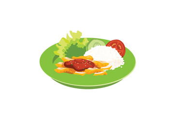 Fried Eel With Rice, Fresh Vegetables, And Sambal Served On A Green Plate | Indonesian Stall Food Ilustration