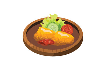 Two Fried Chicken Breasts, Fresh Vegetables, and Sambal are Served in a Wooden Mortar | Indonesian Stall Food Illustration