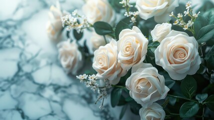 Serene Tribute: White Rose Bouquet on Marble Background for Funeral or Cemetery Memorial
