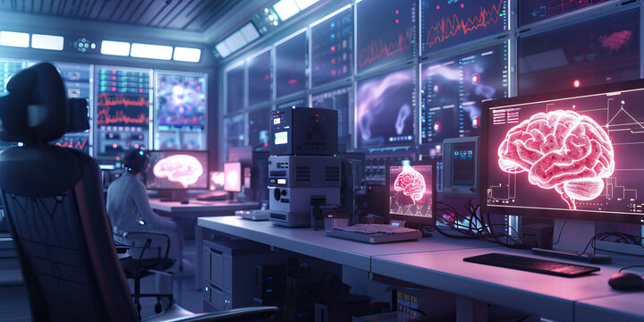 Platinum Neural Interface Research Center: Showing a research center where scientists study neural interfaces and brain-computer interfaces, with advanced neuroscience equipment and simulations