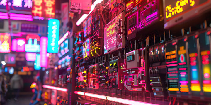 Magenta Cyberpunk Night Market: Featuring a vibrant night market where traders sell illegal cybernetic implants, software hacks, and digital contraband under the glow of neon lights