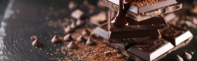 A block of dark chocolate being broken with shards flying around bakery milkchocolate with blurred background
