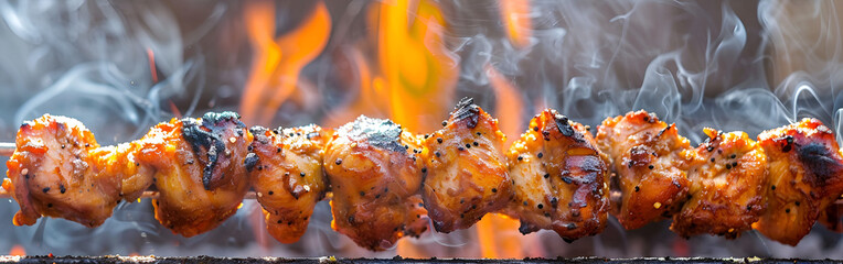 A charcoal barbecue ready for frying unleashes smoke and fiery orange embers on fire background
