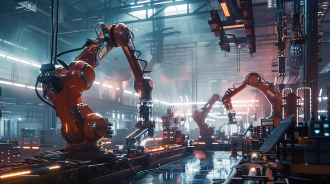 Electronic assembly microprocessor semiconductor industry 4.0 factory with advanced IoT automated autonomous robot arms technology on 5G system. Industrial revolution background.