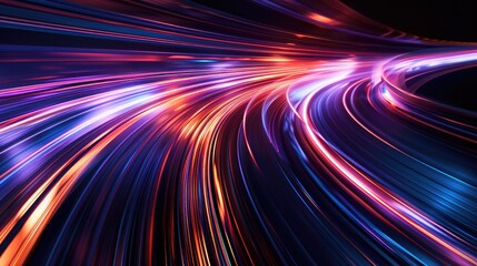 Abstract background with dynamic light trails forming curved lines on a dark backdrop