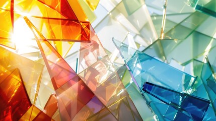 Abstract composition of broken glass shards with light shining through, creating prismatic colors
