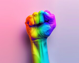 Minimal modern image of a raised fist icon with rainbow colors, centered on a clean background, vibrant colors, minimalistic style