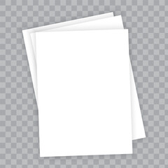 Blank paper stack. Transparent checkered background. Realistic vector icon. Isolated white sheets.