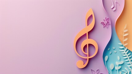 Abstract Musical Composition with Colorful Notes, Leaves, and Treble Clef on Vibrant Background for Artistic Inspiration and Creative Expression