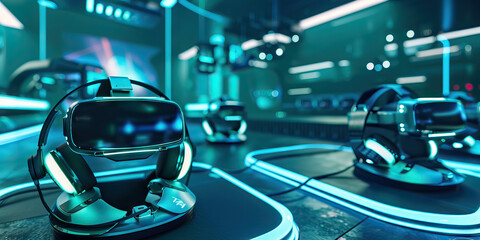 Teal Virtual Reality Gaming Arena: Showing a gaming arena where players engage in intense virtual reality battles and challenges, with futuristic gaming rigs and immersive environments