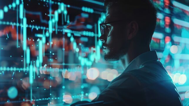 Blended image of a businessman using a financial software, with profit and loss charts and stock market data overlaying