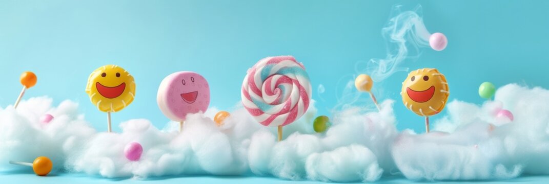 Celebrating World Emoji Day: Delightful Display of Emoji-Themed Candies on Cotton Clouds in Soft Pastel Background - Powered by Adobe