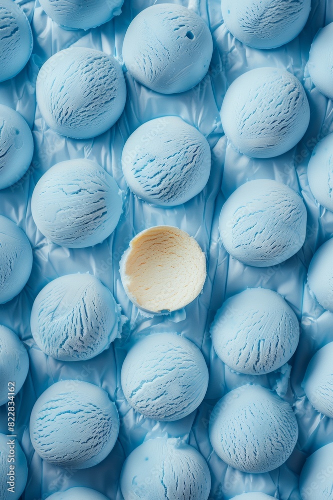 Poster aerial view of pastel blue ice cream scoops arranged in a symmetrical geometric pattern