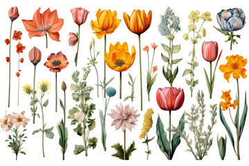 Vibrant and Detailed Illustrations of Various Blooming Flowers Including Tulips and Daisies isolated on transparent background, png, cutout.