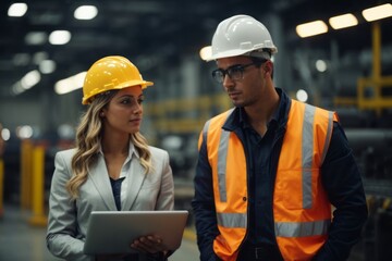 industrial engineer wearing hat and safety suit discussing project at industrial manufacturing factory background - Powered by Adobe