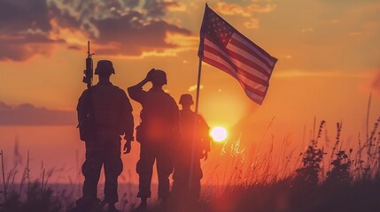 USA Army Soldiers Salute the USA Flag at Sunset or Sunrise