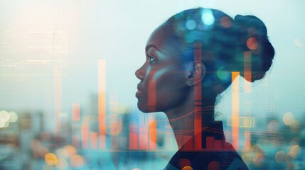 Double exposure of a businesswoman making a presentation, with financial graphs and profit/loss charts merging into the image