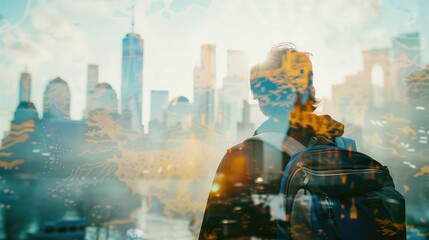 Double exposure of a tourist looking at a map with iconic landmarks faintly visible in the background - Powered by Adobe