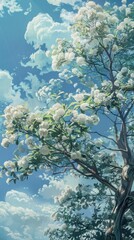 Blooming tree with white flowers against a blue sky with clouds nature and beauty in full bloom