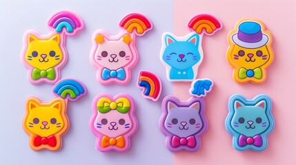 Minimal modern image of a set of pride cat stickers featuring cats with rainbow fur and pride accessories, centered on a clean pastel background, vibrant colors, simple design