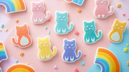 Fototapeta premium Minimal modern image of a set of pride cat stickers featuring cats with rainbow fur and pride accessories, centered on a clean pastel background, vibrant colors, simple design