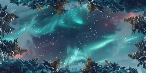 Enchanting Aurora Borealis and Starry Sky Over Snow-Covered Pine Trees: An Ethereal Nighttime Landscape for Banner Mockup
