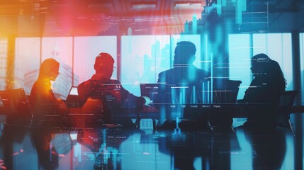 Overlay of a business team brainstorming, with profit and loss graphs and financial data blending into the scene