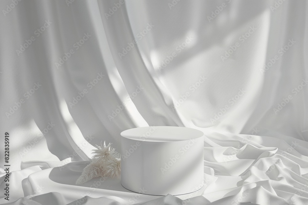 Aufkleber Minimalist Monochromatic Mockup with White Cylindrical Podium on a Textured Background, Emphasizing Soft Shadows and Natural Light