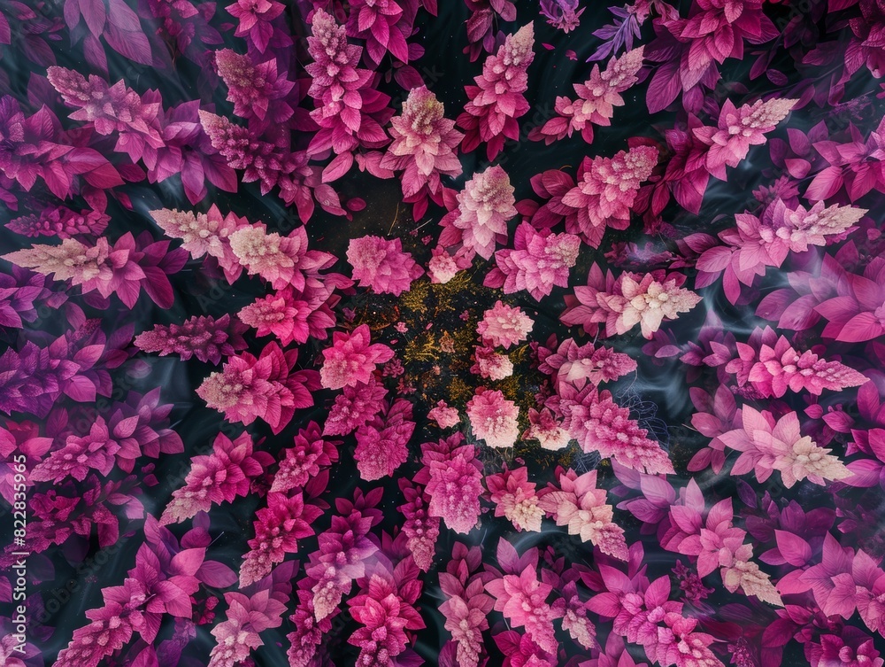Poster symmetrical aerial view of intricate pink and green northern lights with geometric patterns