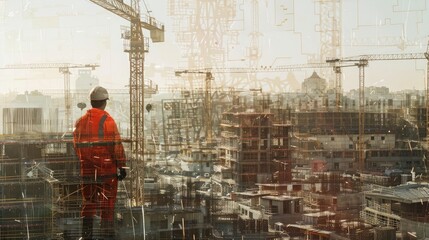 Fototapeta premium Overlay of an engineer at a construction site, with a panoramic view of cranes and partially built structures blending