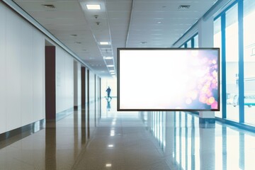Modern Office Corridor with Blank Billboard for Advertising, Bright Ambient Light, and Futuristic Design Elements