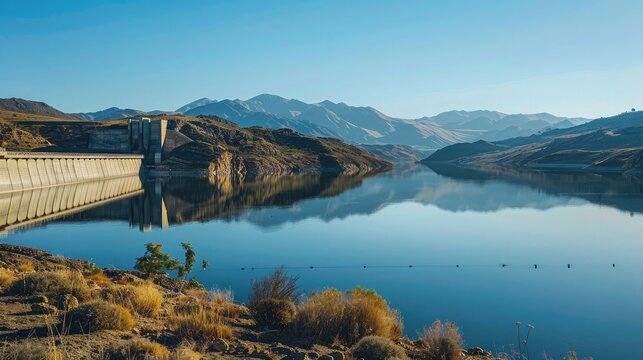 Panoramic view of a dam and its reservoir with mountains in the background, reflecting in the calm water