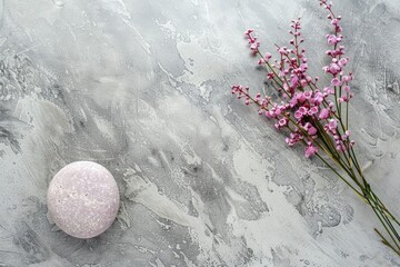 Minimalist round stone Rock and bouquet of dry on gray background. Place, background for cosmetics. Top view. Copy space - generative ai